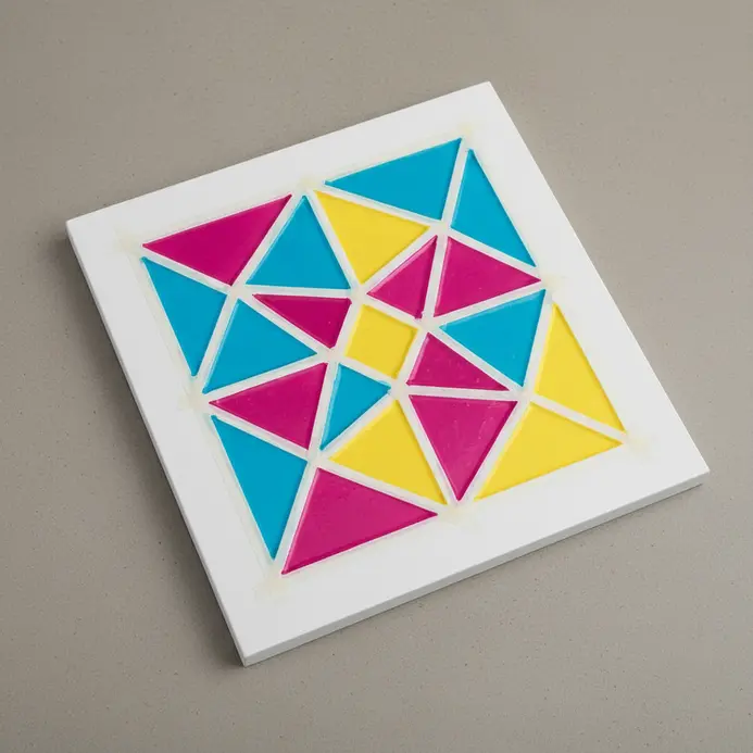 Crisp triangles and lines of melted crayon wax in a precise patterned design.