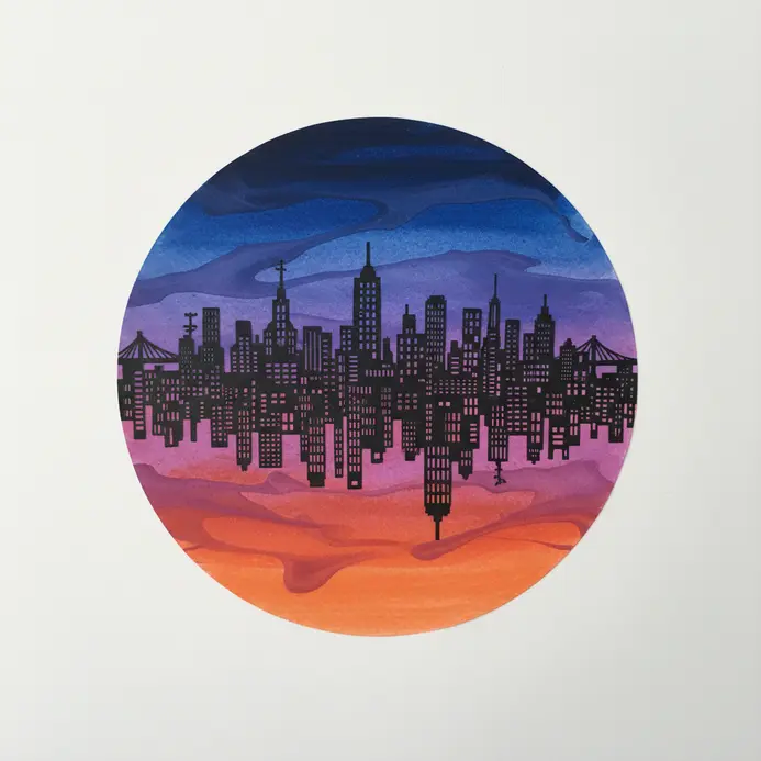 Architectural building silhouettes against a colorful melted crayon art background.