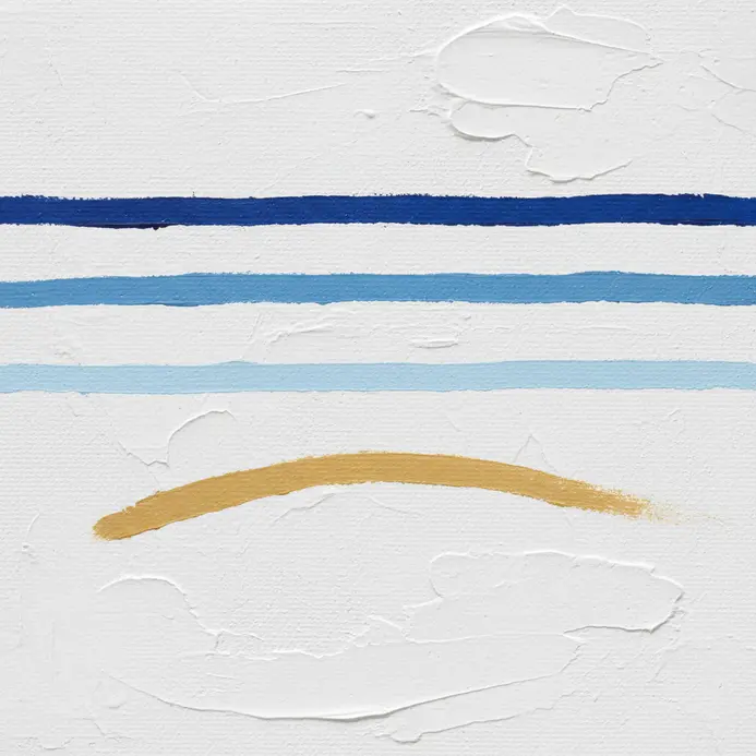 A wide canvas divided by a thin horizon line between a pale sky and darker field.