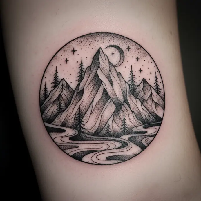 A detailed tattoo design of a mountain with precise topographic contour lines.