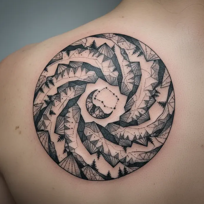 A mountain range tattoo designed to fit the natural curve of the shoulder blade.