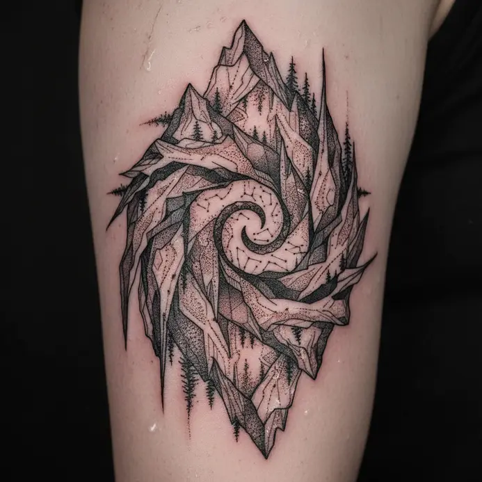 A colorful tattoo of a mountain landscape in vibrant fall foliage.