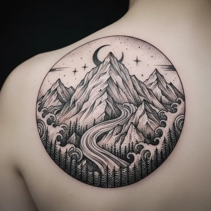 A tattoo blending traditional tribal patterns with the outline of mountains.