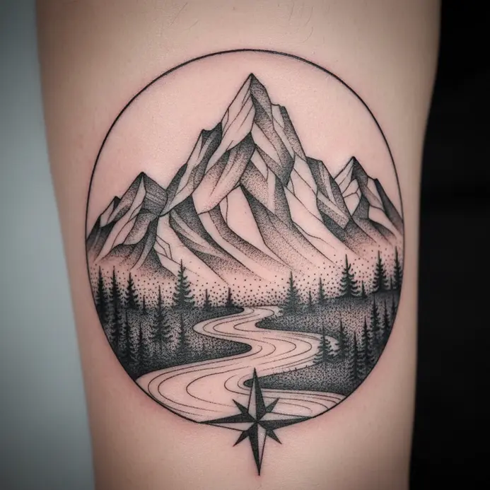 A detailed tattoo of a topographic map leading to a mountain summit.