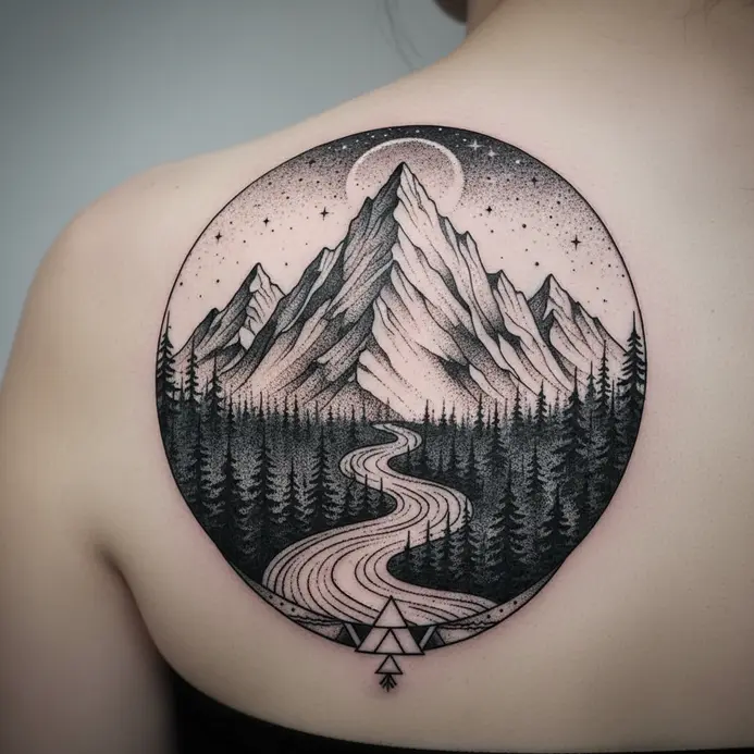 A creative tattoo where the mountain peaks are formed by the untouched skin.