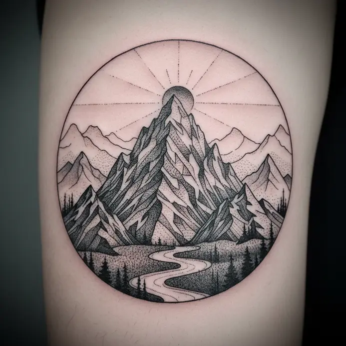 An example of a finely detailed mountain tattoo designed to age gracefully.