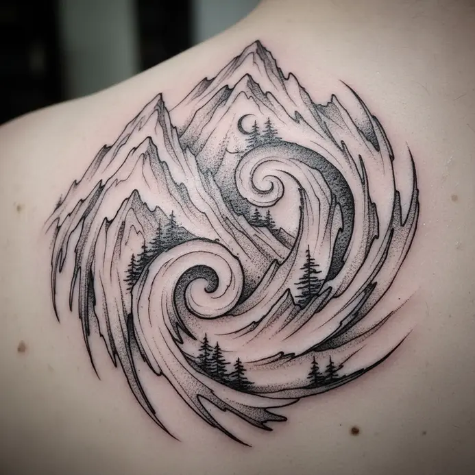 A classic nature tattoo pairing mountain peaks with silhouetted pine trees.