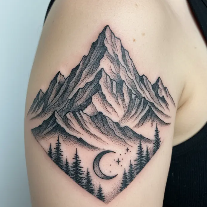 A modern tattoo deconstructing a mountain into geometric shapes and lines.