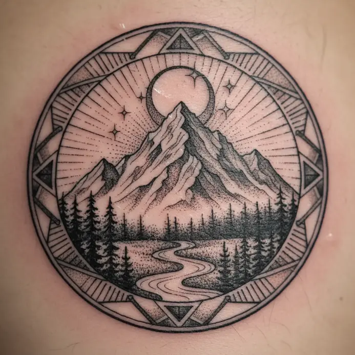 A mountain tattoo featuring realistic glacial blue ink blends for snow and ice.