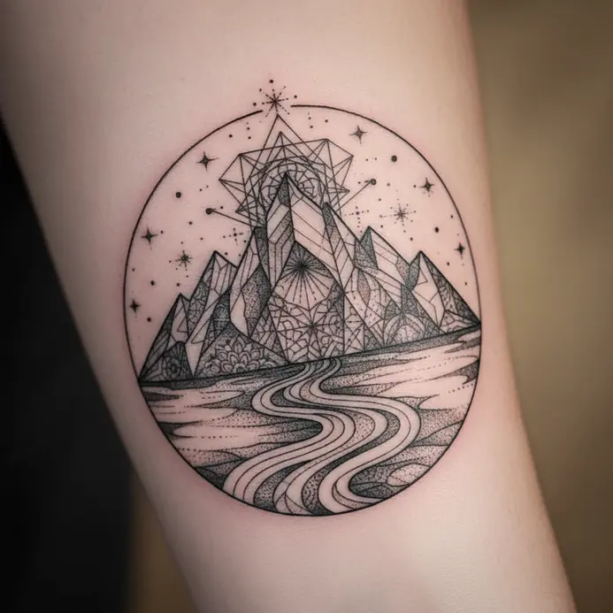 A realistic mountain tattoo depicting changing tree lines and vegetation zones from base to peak.