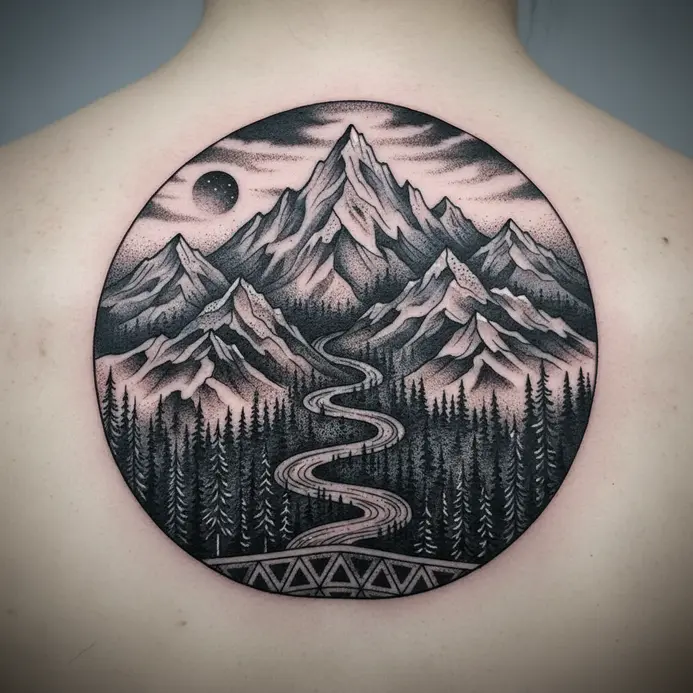 A fantasy tattoo depicting a mythological creature intertwined with a mountain.