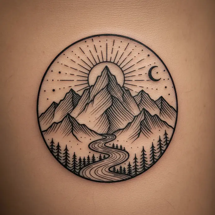 A photorealistic tattoo showing the gradual elevation change of a mountain.