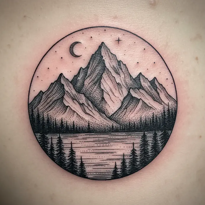 A tattoo of a mountain that reveals hidden hiking trails under UV light.
