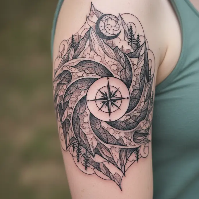 A wrap-around wrist tattoo featuring a chain of minimalist mountain peaks.