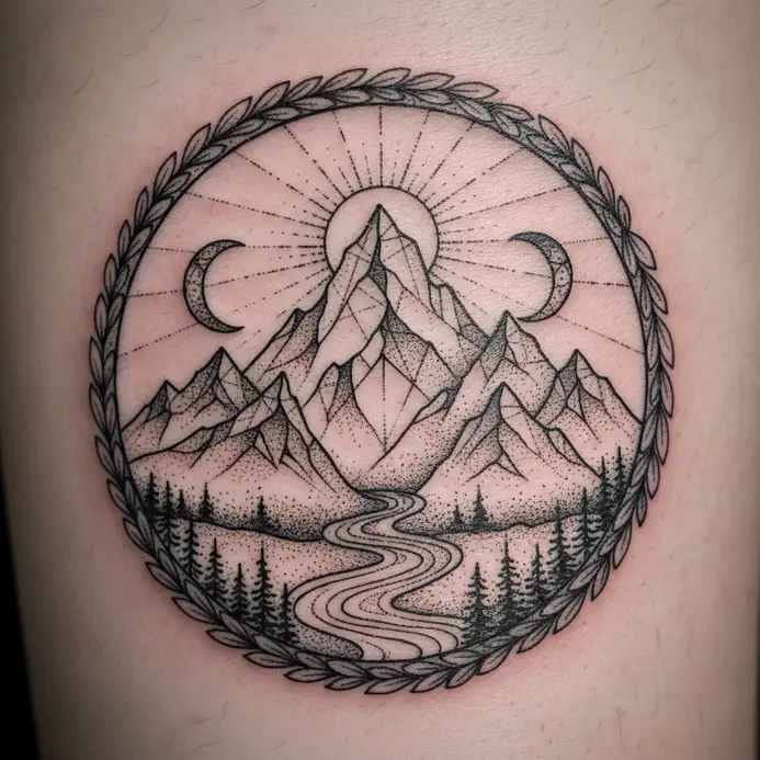 A tattoo design thoughtfully representing a culturally significant mountain.