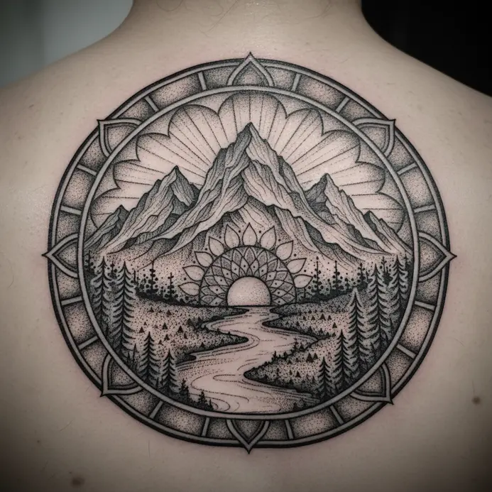 A micro-realistic tattoo of a complete mountain landscape in a small space.