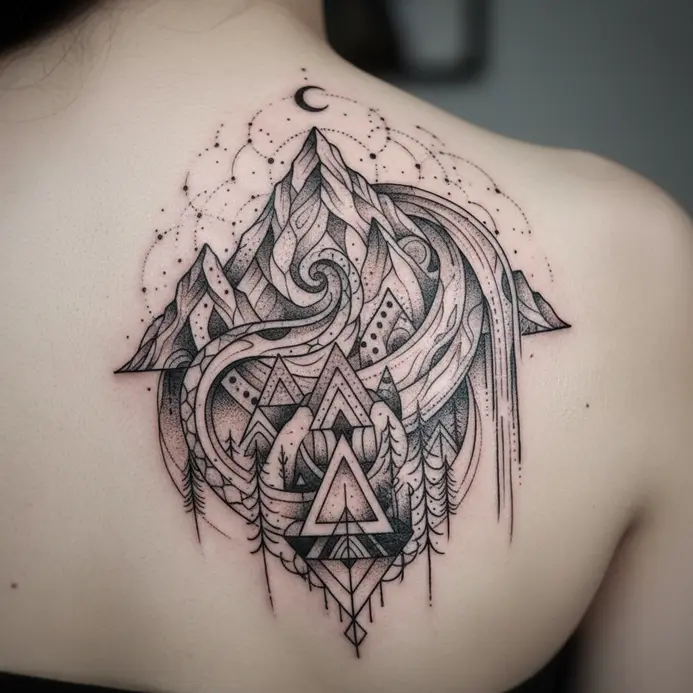 A minimalist tattoo of a triangular mountain shape with cultural meaning.