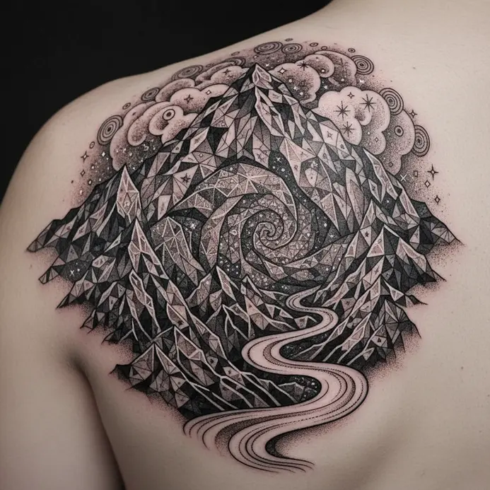 A forearm tattoo of a mountain range using forced perspective for depth.