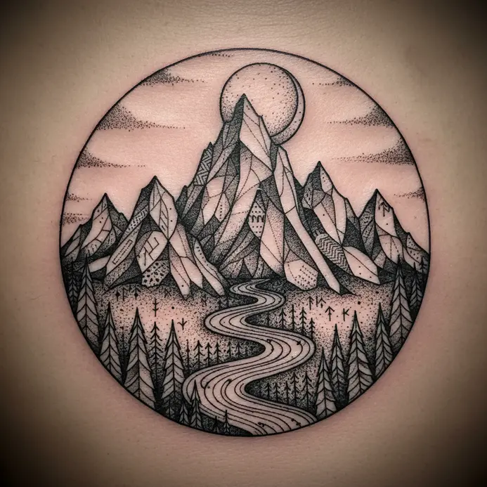 A night scene tattoo with a mountain silhouette under a moon and stars.