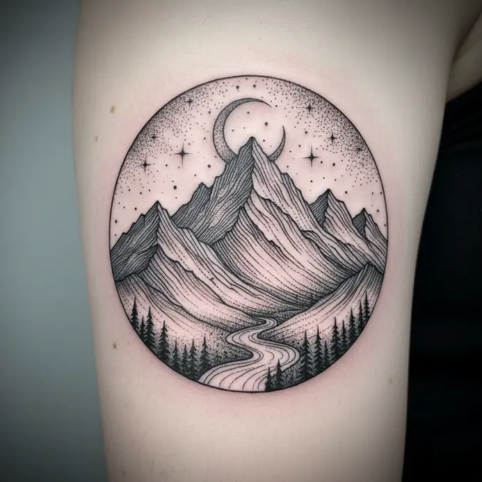 A tattoo on a forearm depicting the exposed geological layers of a mountain.