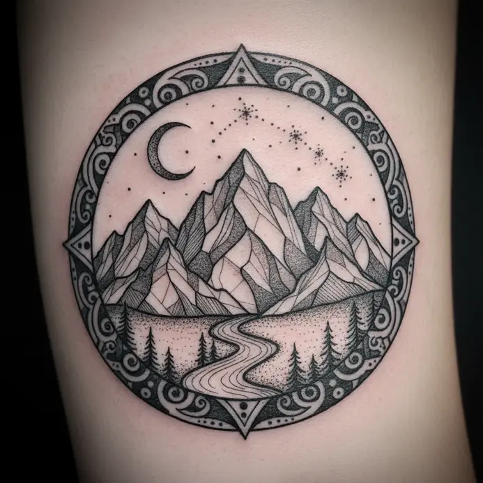 A simple, continuous line drawing of a mountain range as a tattoo.
