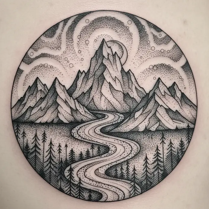 A vibrant tattoo of an alpine scene using soft watercolor ink blending.