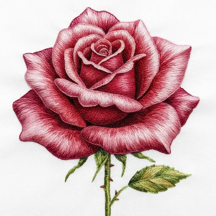 Detailed thread painting of a red rose with subtle colour transitions