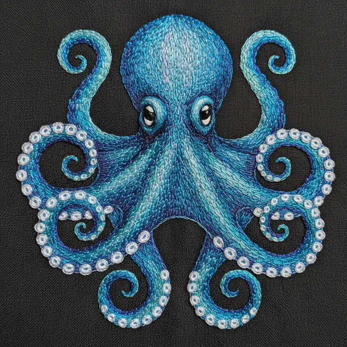 Realistic thread painting of a blue octopus on coral