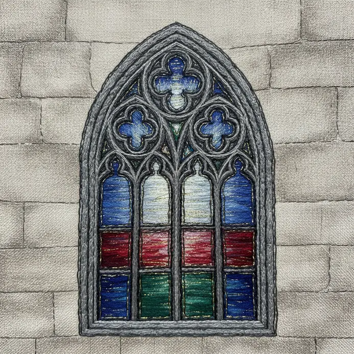 Embroidered painting of a detailed stone cathedral window