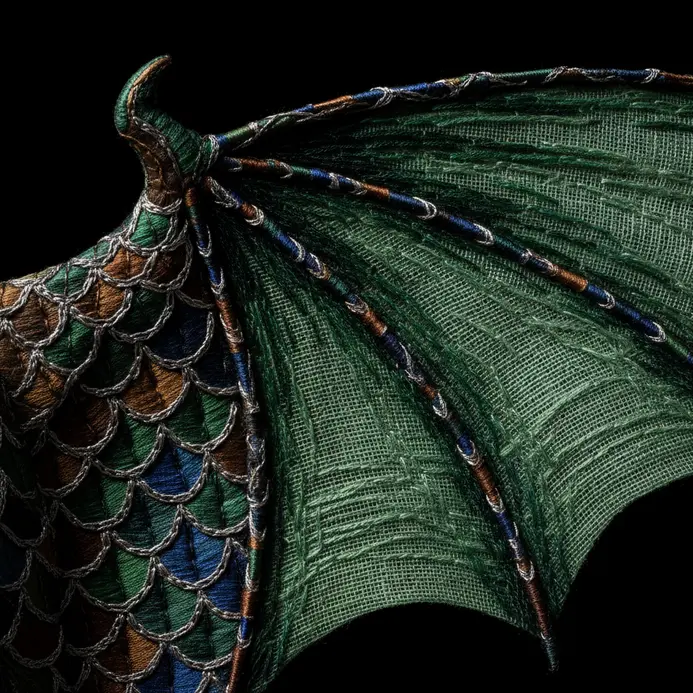 Fantasy embroidery painting of a dragon wing in flight