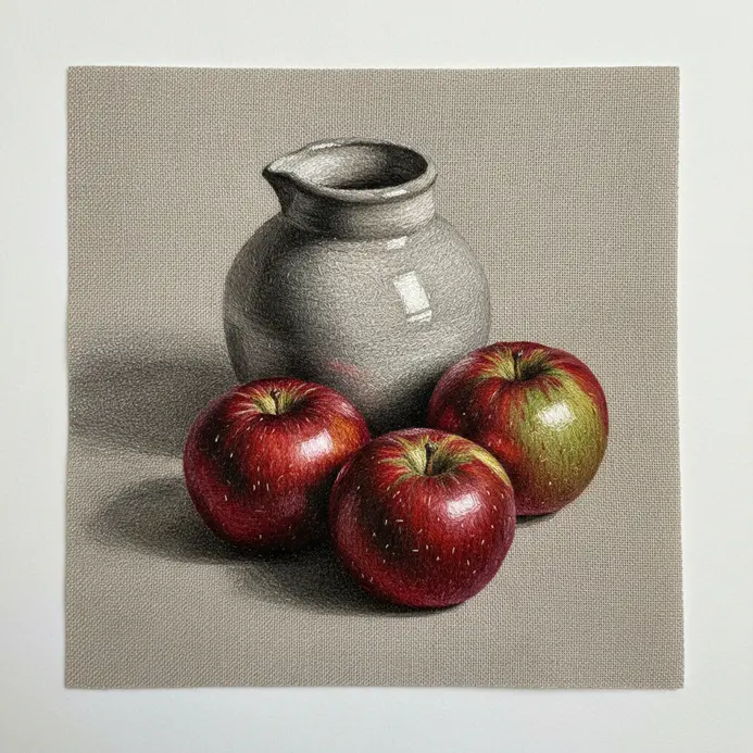Thread painting still life of apples and a ceramic jug