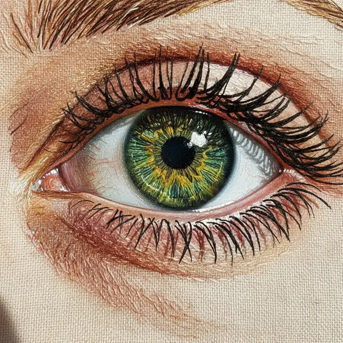 Close-up embroidery portrait of a human eye with green iris
