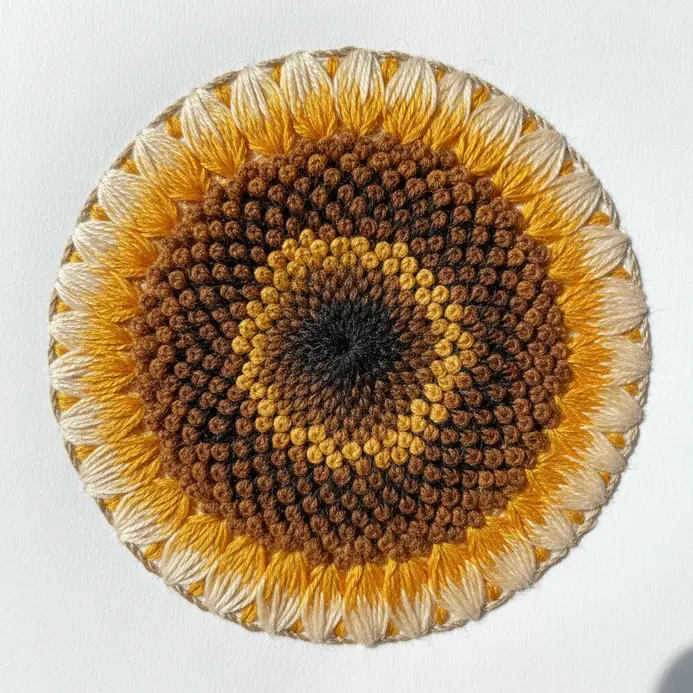 Macro thread painting of a sunflower seed-filled center