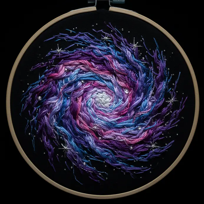 Embroidery painting of a colorful starry nebula in space