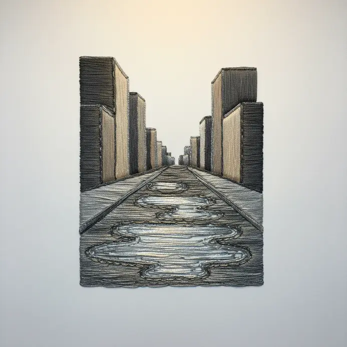 Wet urban landscape embroidered with reflective puddle details