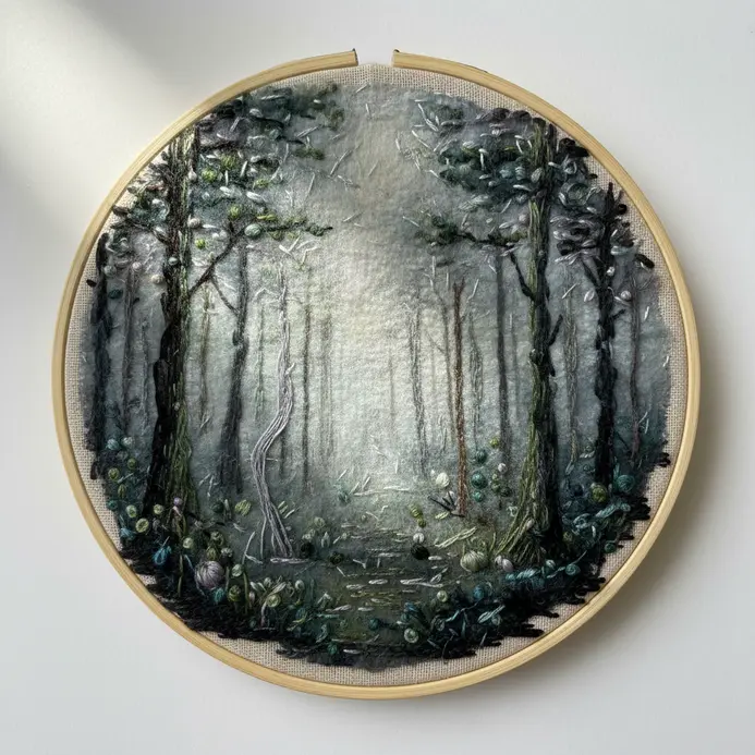 Impressionistic embroidery painting of a foggy woodland path