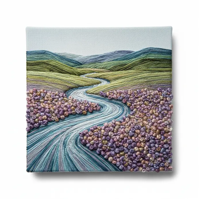 Textured embroidery painting combining multiple stitch types