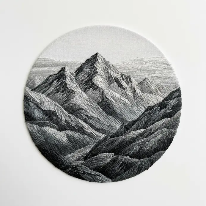 Dramatic monochrome landscape of mountains in grey embroidery