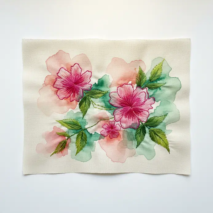 Floral design where embroidery and watercolor paint blend together