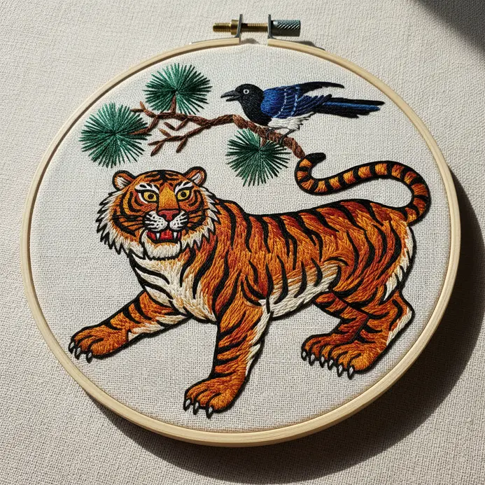 Tiger and magpie scene embroidered in a traditional folk art style