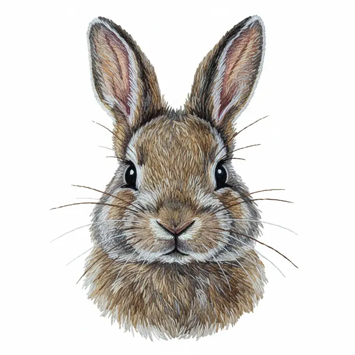 Realistic embroidery of a rabbit showing detailed textured fur