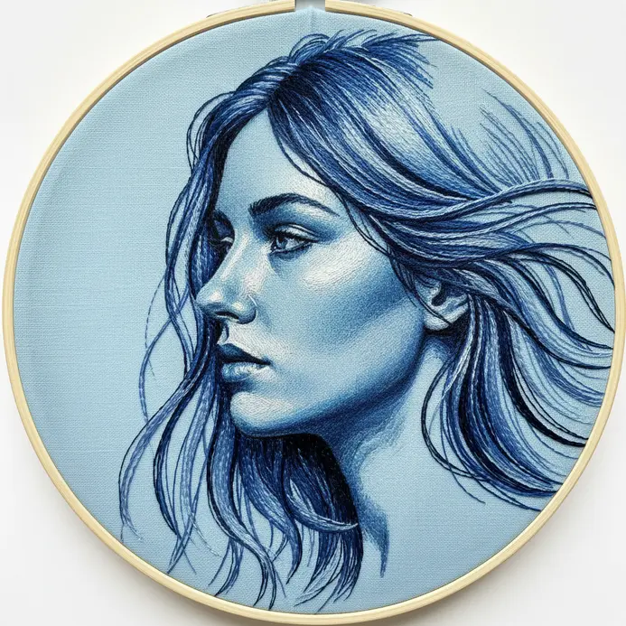 Monochromatic blue thread painting of a woman's profile