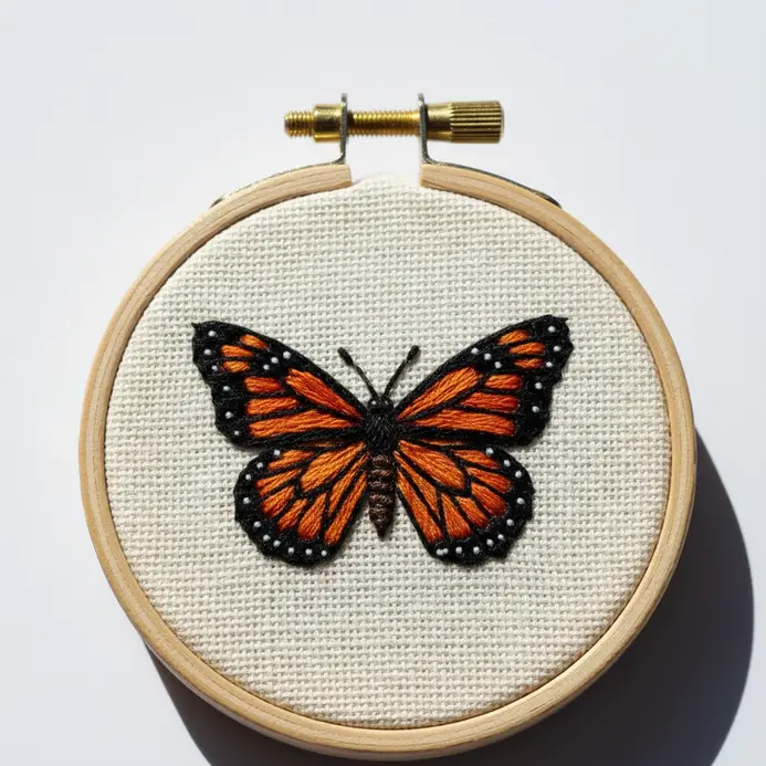 Miniature embroidery painting of a butterfly on a small fabric square