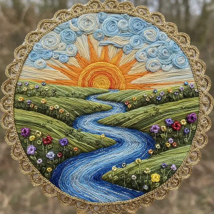 Abstract composition of swirling colorful embroidery threads