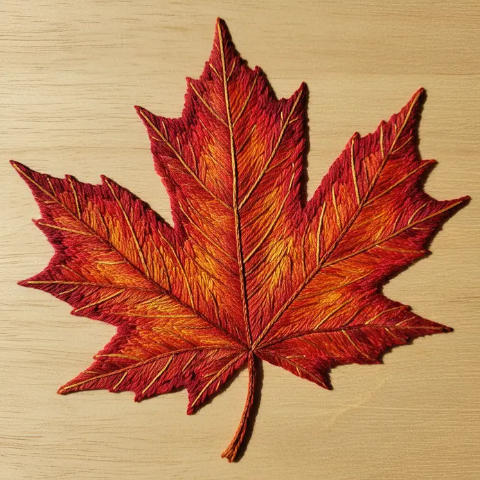 Thread-painted autumn leaf with rich seasonal colors
