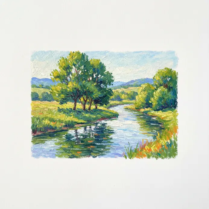 Colorful impressionist landscape made with visible oil pastel marks at sunset