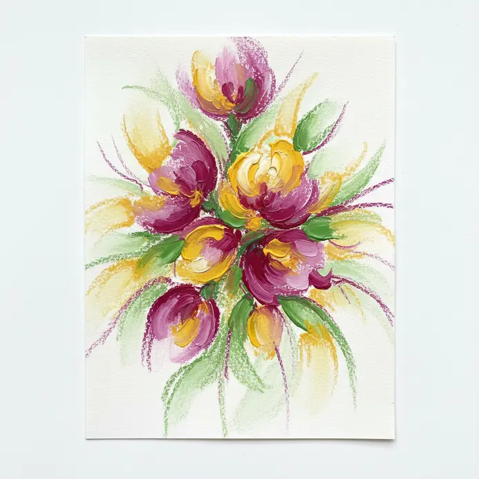 Non-representational floral shapes in bright oil pastels