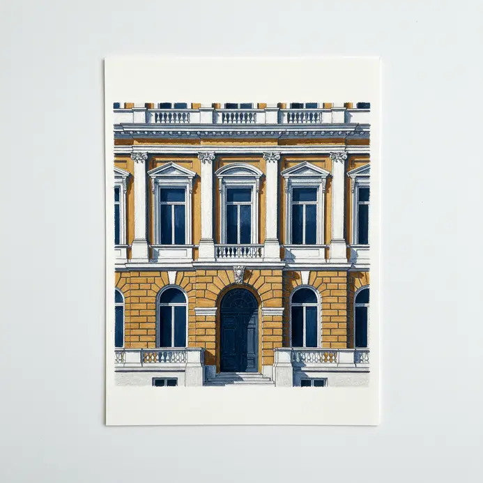 Precise building facade drawing done with oil pastels on paper