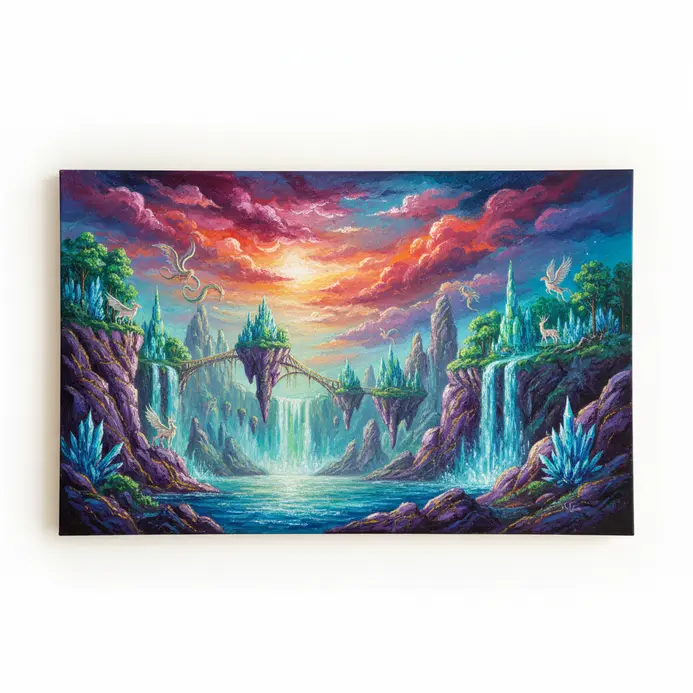 Whimsical landscape with floating islands and colorful skies in oil pastel