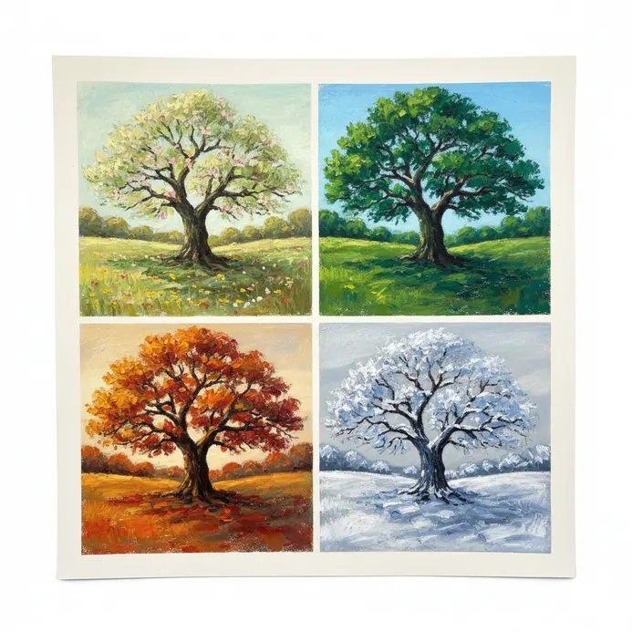 Four seasonal tree panels in spring summer fall and winter made with oil pastels